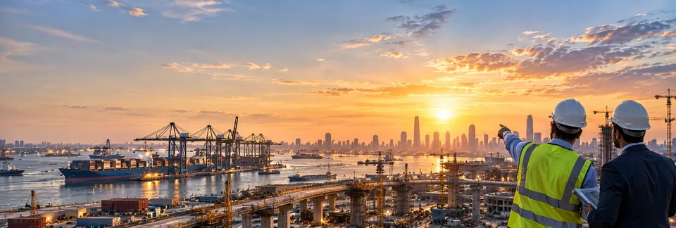 Two professionals overlooking a container port, infrastructure under construction and a city skyline at sunset