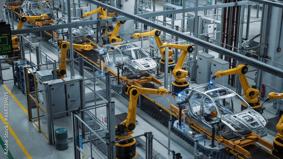 Robotic arms welding car bodies on an automotive assembly line