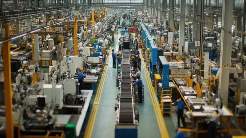 Technicians working along production lines in a large modern manufacturing plant