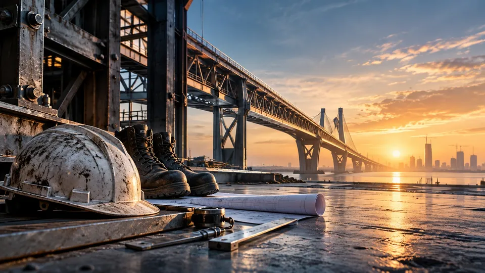 Hard hat, work boots and rolled plans on a construction deck, with a bridge and city skyline at sunrise