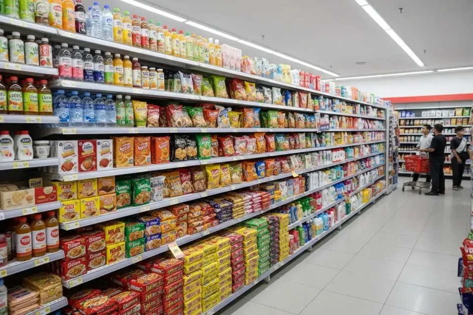 Supermarket aisle with shelves of packaged food, drinks and household goods