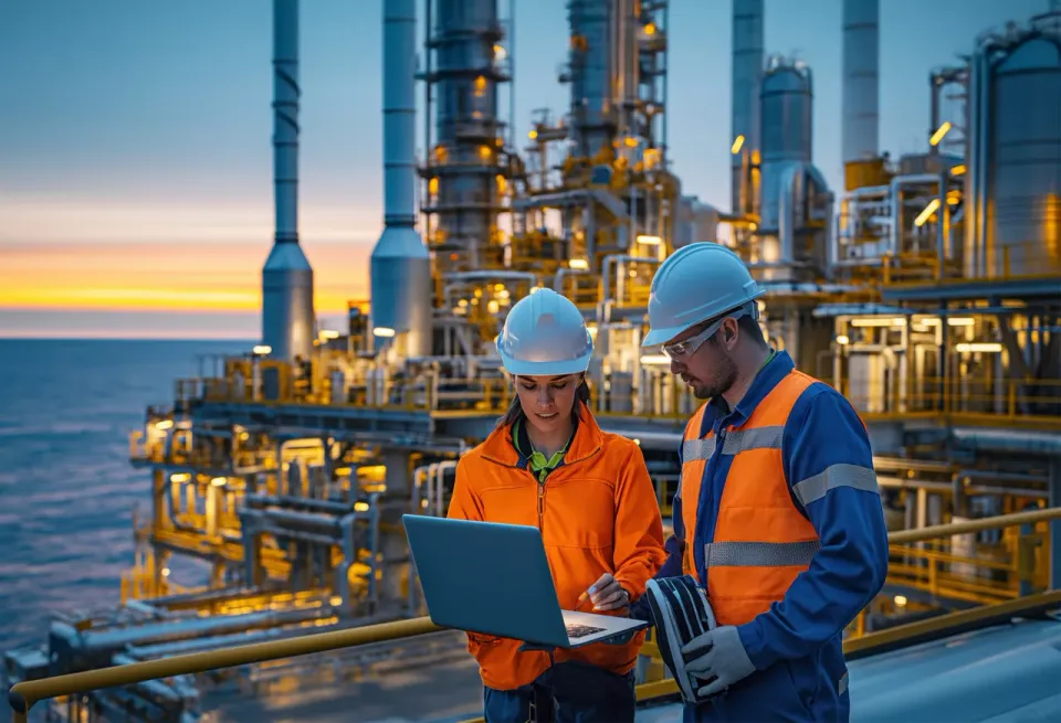 Two engineers reviewing data on a laptop at an offshore energy facility at dusk